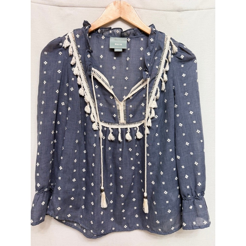 Maeve Womens Blouse Blue Embroidered Tassel Boho Peasant Top Extra Small XS